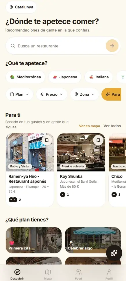 Pantalla real de VocadO: cercador, tipus de cuina, restaurants recomanats per la teva xarxa i plans per sortir a menjar.